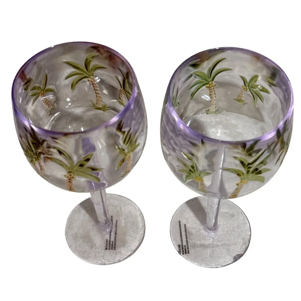 Palm Tree Plastic Wine Glasses Set of 2 Tropical Stemware